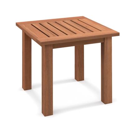 Front. Pefilos - Small Hardwood Outdoor Coffee Side Table with Slatted Tabletop for Outside Patio, Square - Brown.