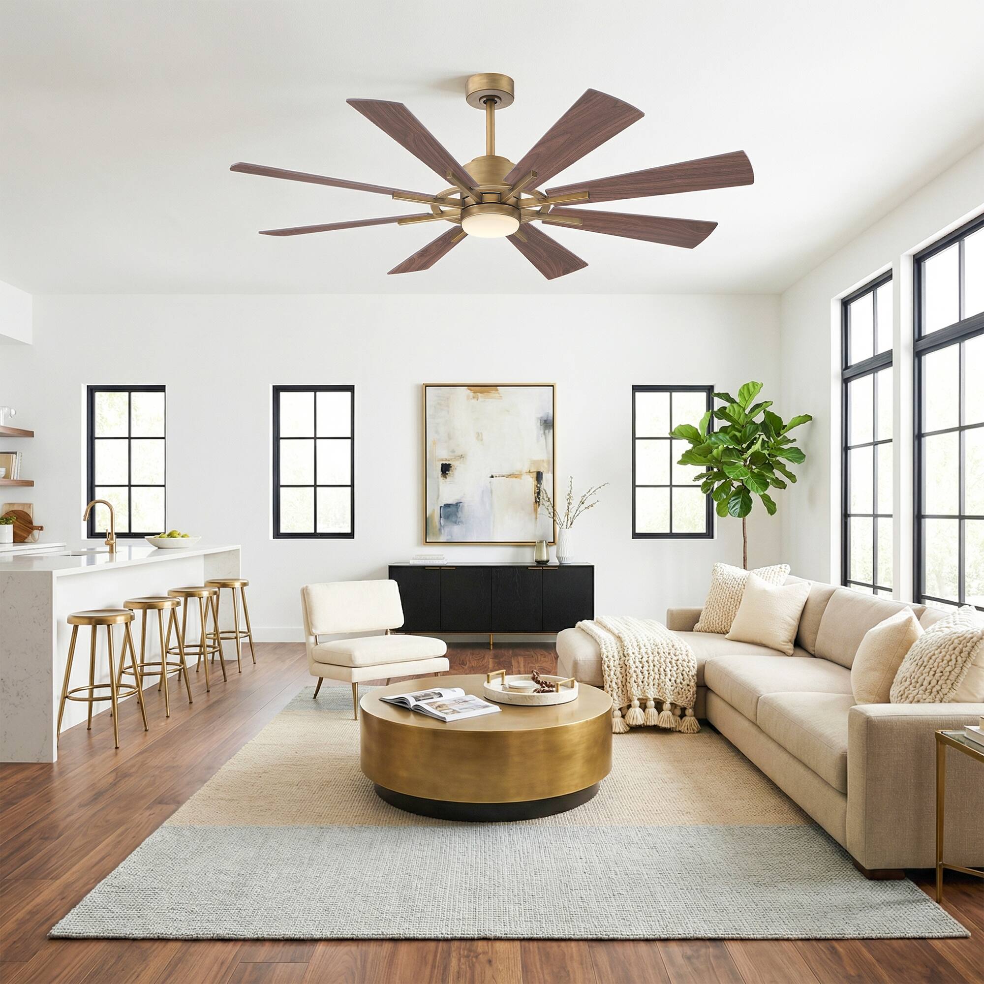Angle. Parrot Uncle - 60" Windmill 8-Blade Integrated LED Ceiling Fan with Light and Remote Control, DC Reversible Motor - Gold.