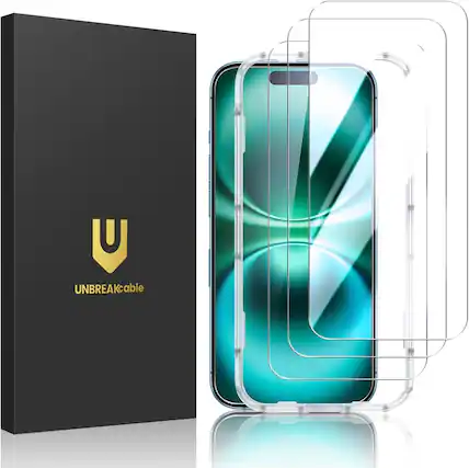 Front. UNBREAKcable - 3-Pack Screen Protector Tempered Glass for iPhone 16 Plus - Clear.