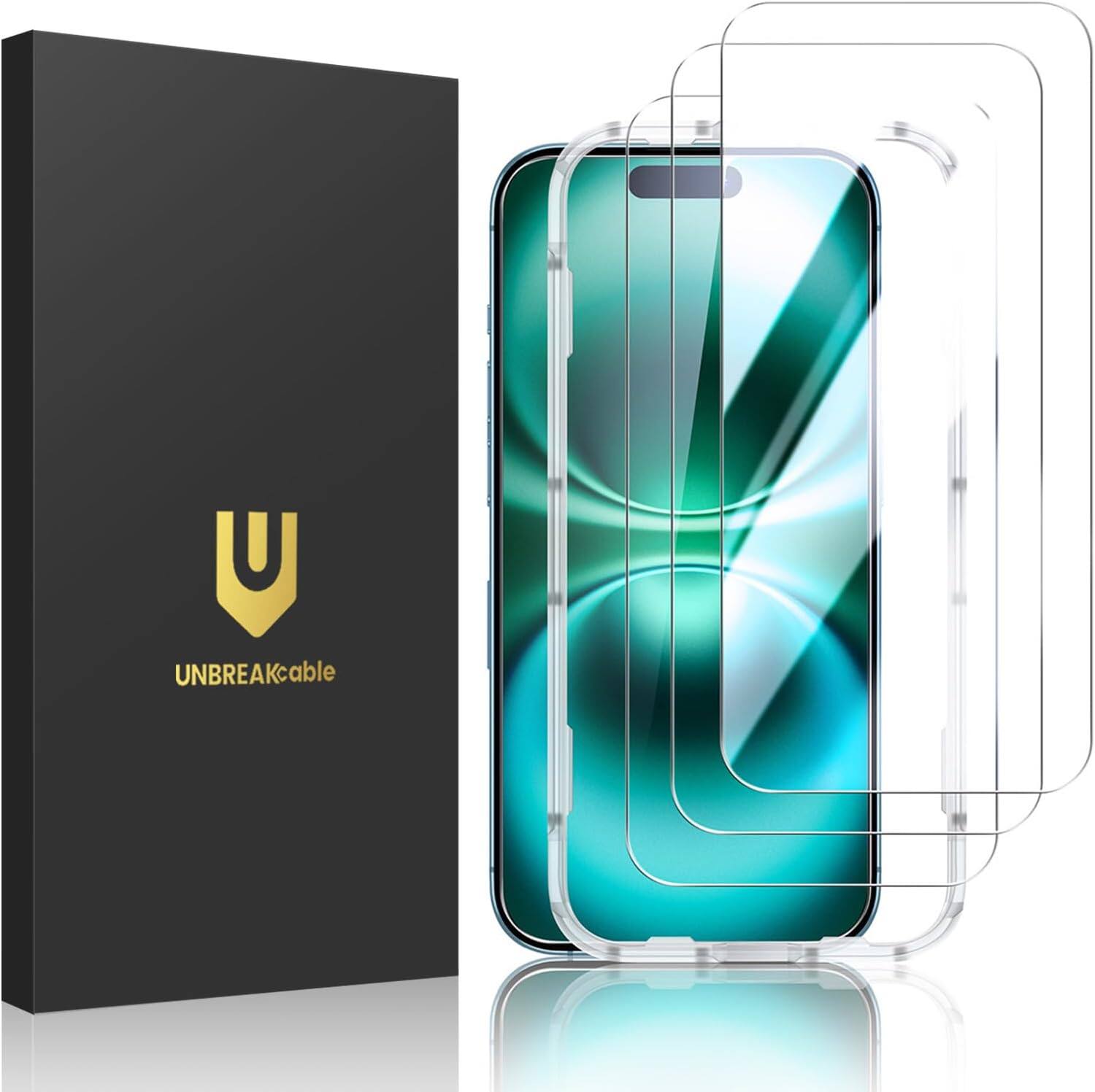 Front. UNBREAKcable - 3-Pack Screen Protector Tempered Glass for iPhone 16 Plus - Clear.