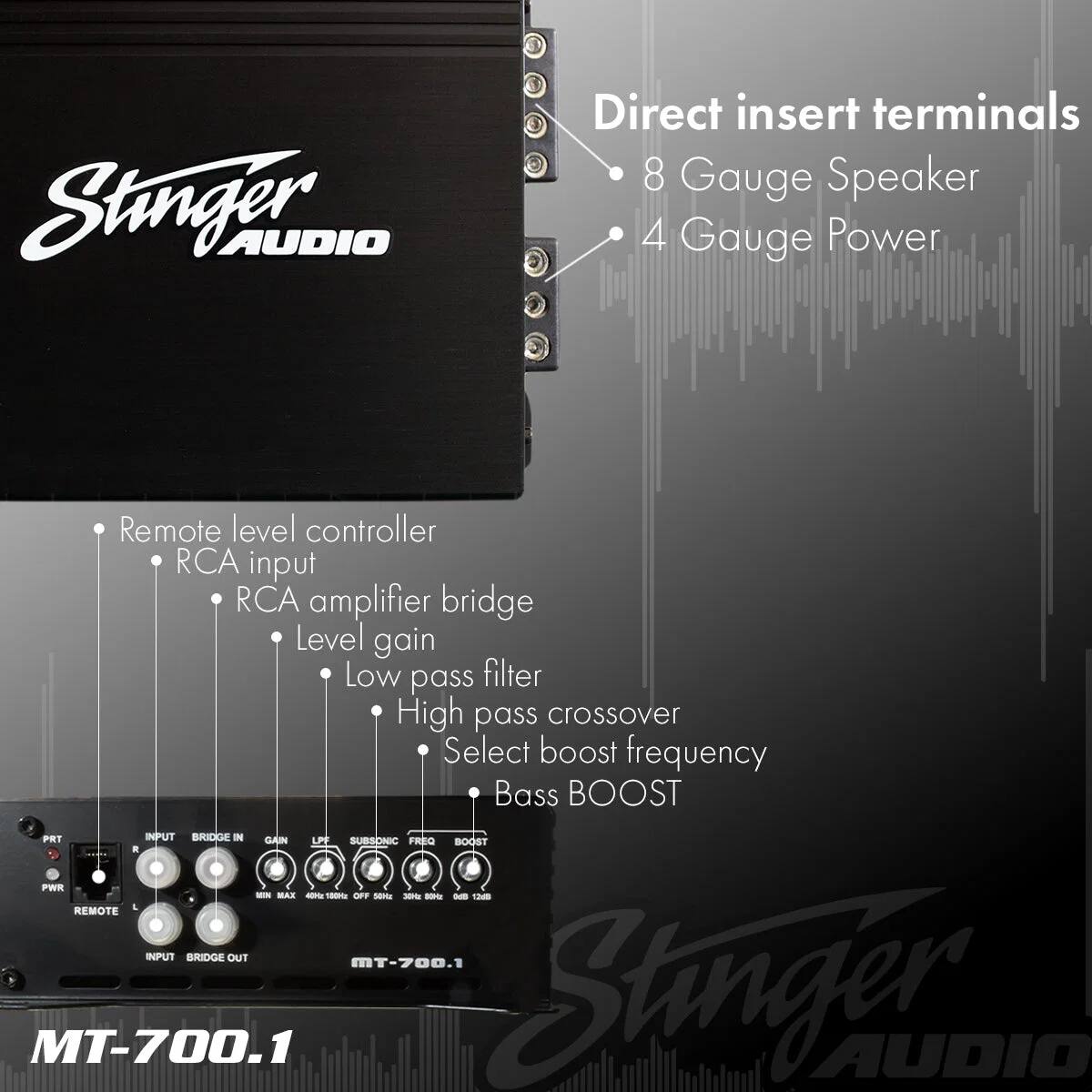 Stinger AUDIO

Direct insert terminals
- 8 Gauge Speaker
- 4 Gauge Power

Remote level controller
- RCA input
- RCA amplifier bridge
- Level gain
- Low pass filter
- High pass crossover
- Select boost frequency
- Bass BOOST

PWR - MAR - 180 - T

MT-700.1

Stinger AUDIO