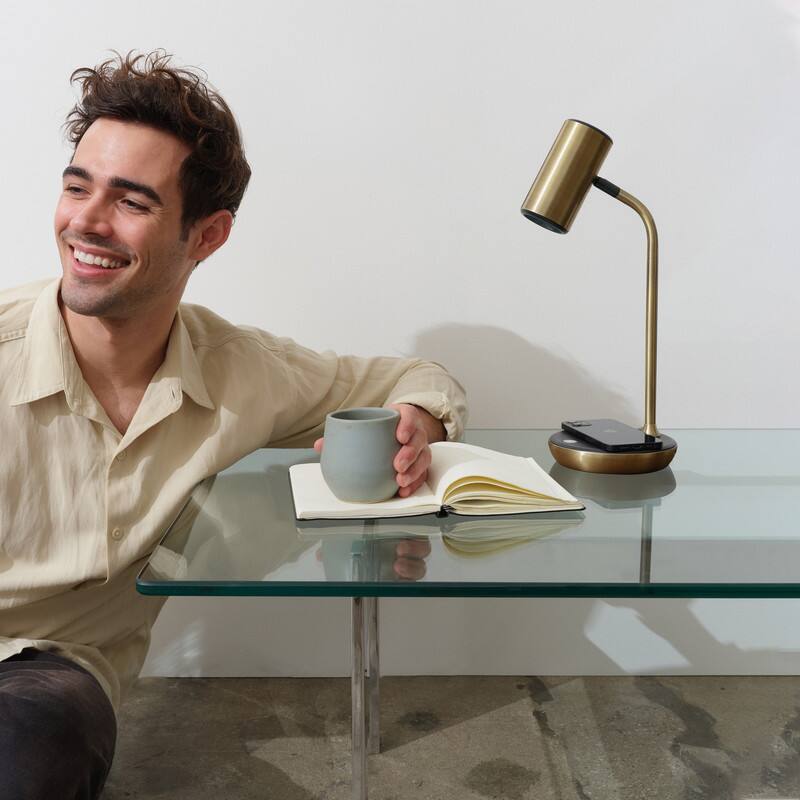 Alt View 2. Brightech - Ezra LED Modern Industrial Arc Dimmable Bedside Nightstand Desk Lamp with Wireless Charging Pad - Antiqued Brass.