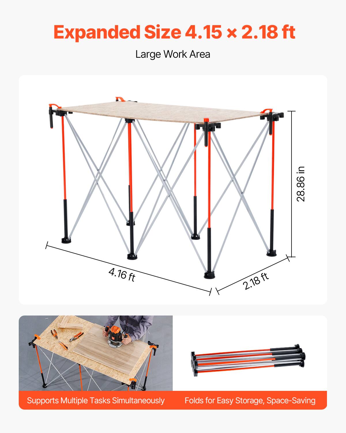 Expanded Size 4.15 x 2.18 ft  
Large Work Area  

Supports Multiple Tasks Simultaneously  

Folds for Easy Storage, Space-Saving