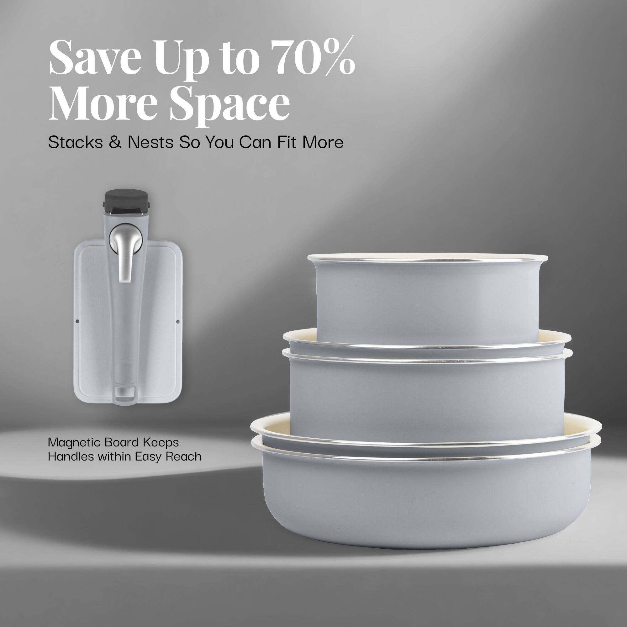 Save Up to 70% More Space, Stacks & Nests So You Can Fit More, Magnetic Board Keeps Handles within Easy Reach