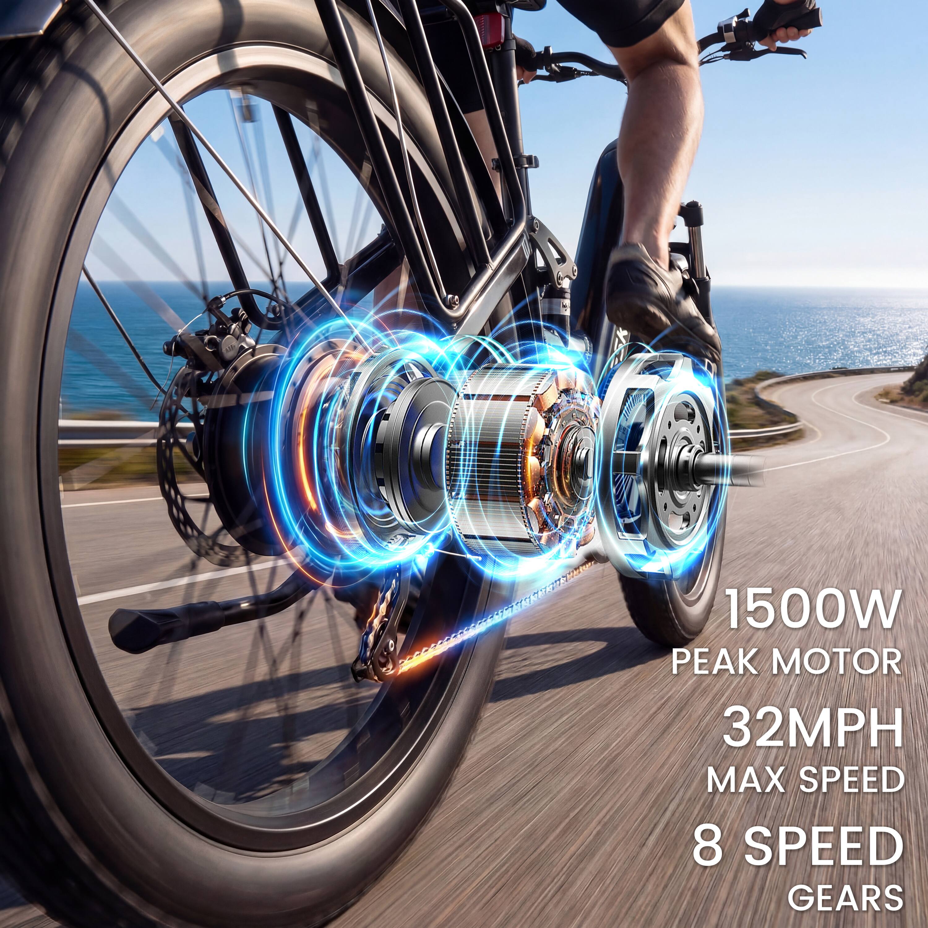 1500W Peak Motor  
32MPH Max Speed  
8 Speed Gears
