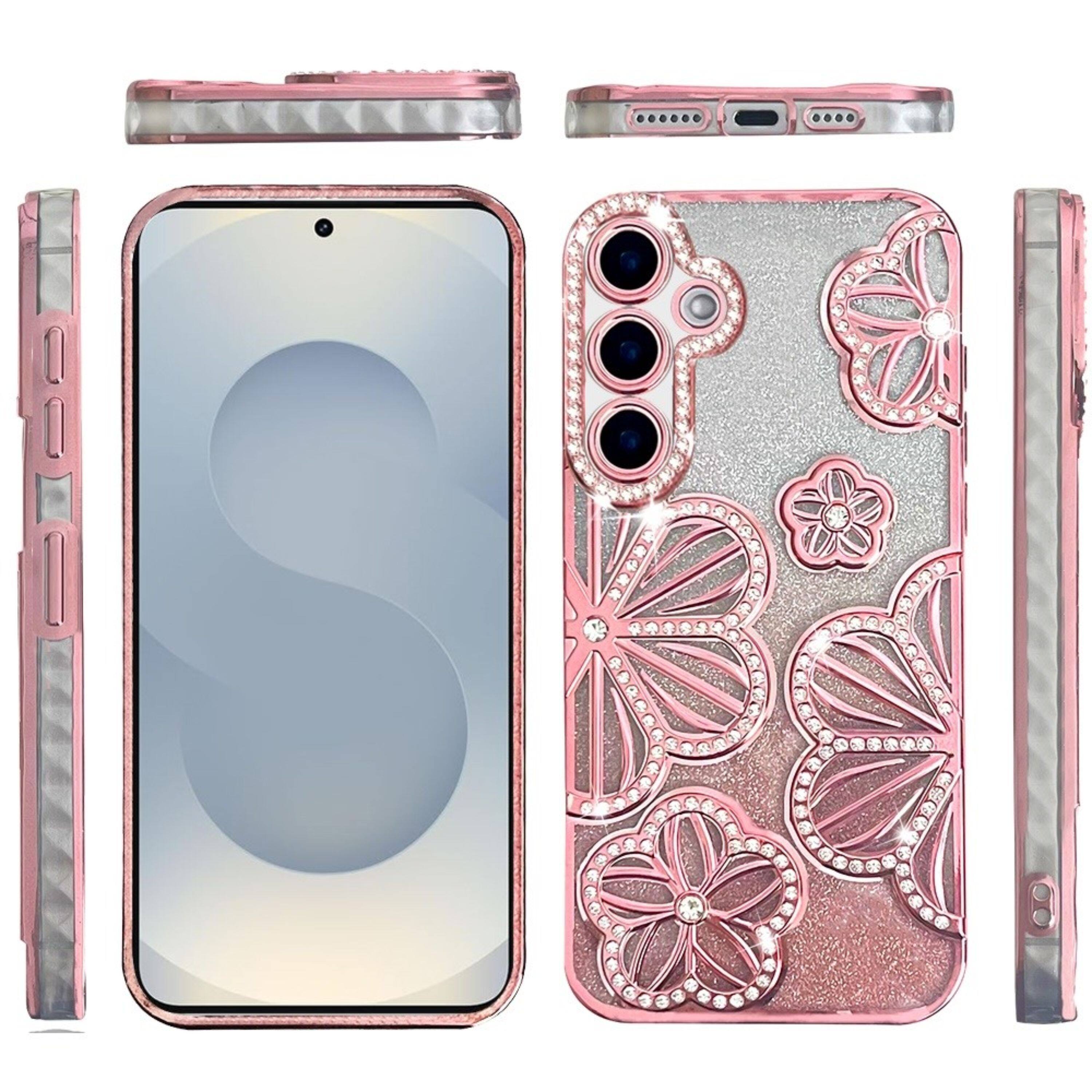 Angle. Kitcheniva - 3D Floral Glitter Bling Case With Tempered Glass For Samsung S26 Ultra Rose Gold - Rose Gold.