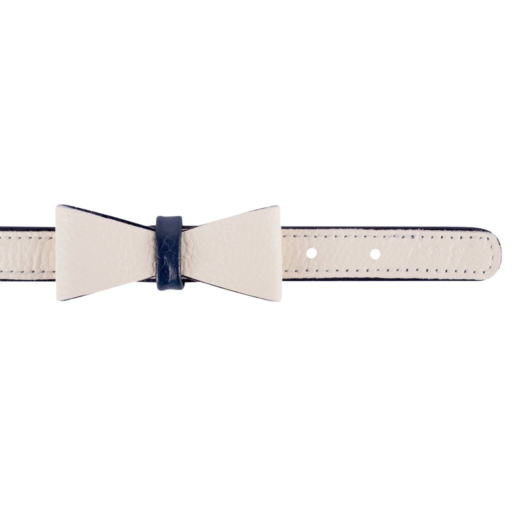 Angle. PoisePup - Cute Handmade Genuine Soft Full Grain Leather Dog Bow Tie - Cream | Navy.