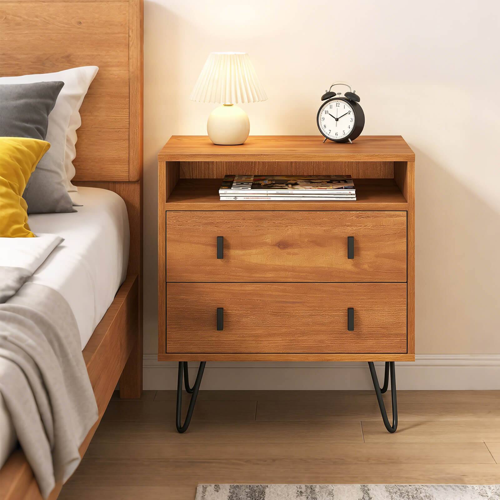 Alt View 3. Costway - Costway 2-Drawer Nightstand with Storage Compartment Metal Hairpin Legs for Bedroom - Walnut.
