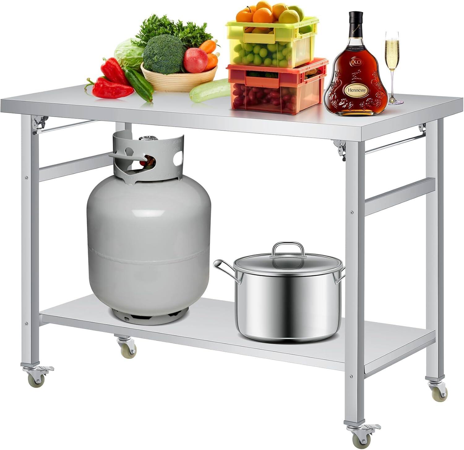 Front. GARVEE - 48"*24"Stainless Steel Folding Table with Wheels, Commercial Prep Worktable with Adjustable Undershelf and Feet - 4824W.