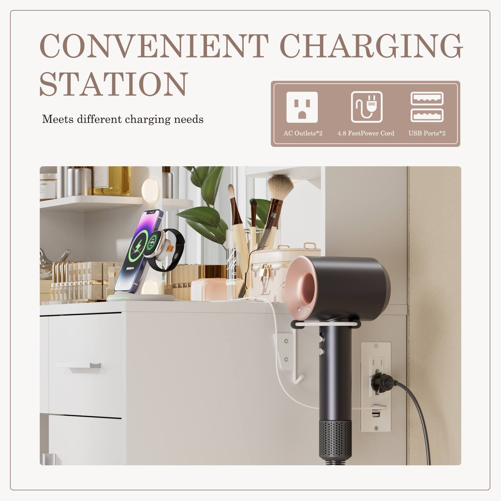 CONVENIENT CHARGING STATION  
Meets different charging needs  

AC Outlets*2  
4.8 Feet Power Cord  
USB Ports*2
