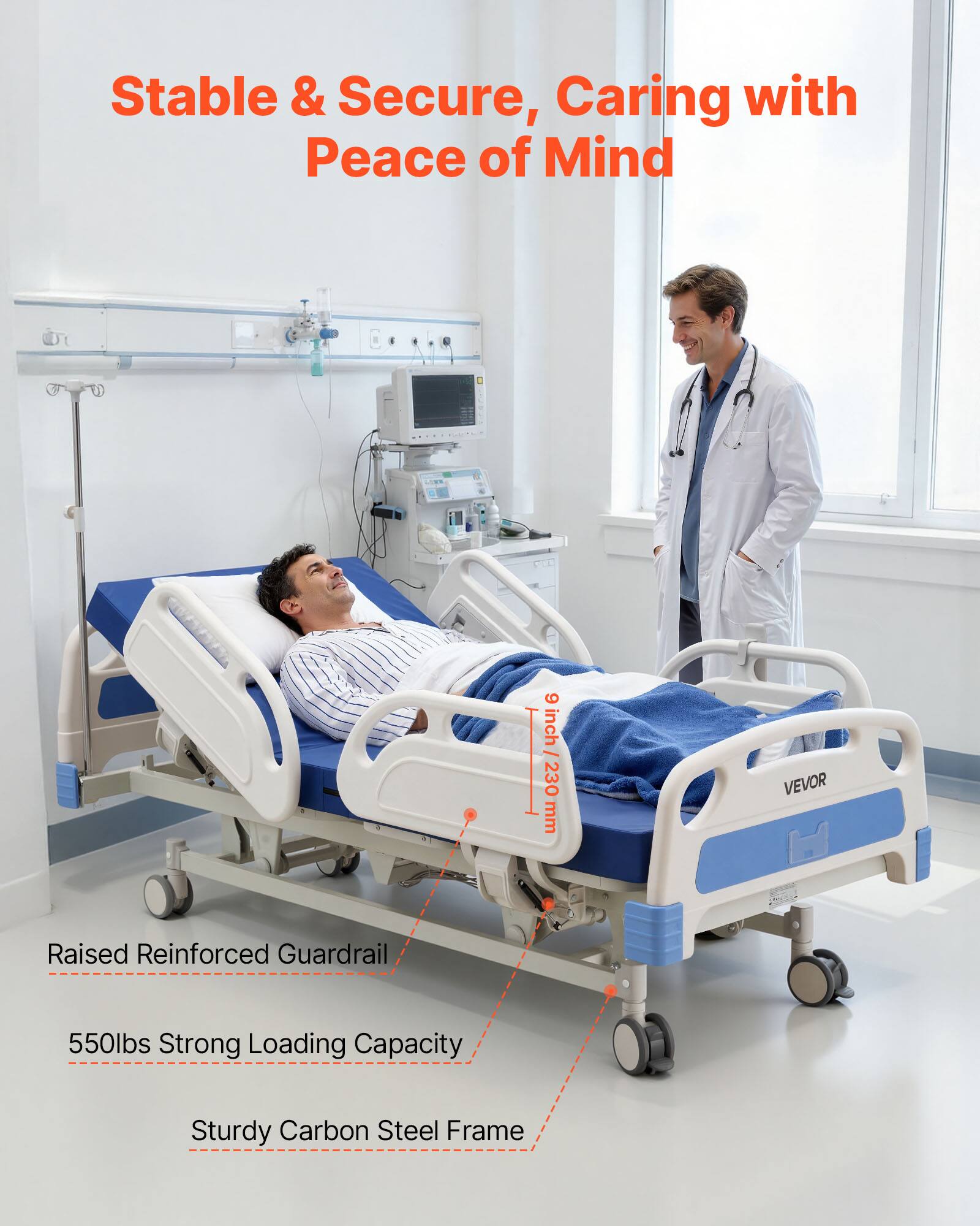 Stable & Secure, Caring with Peace of Mind

6 inch | 230 mm VEVOR Raised Reinforced Guardrail

550lbs Strong Loading Capacity

Sturdy Carbon Steel Frame