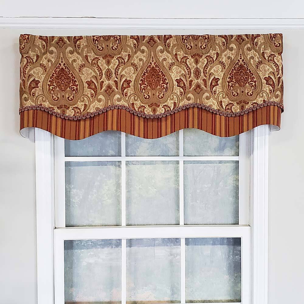 Angle. RLF Home - RLF Home Chenille Fabric with Damask Motive Paisley Dream Glory Valance 3" Rod Pocket 50" x 16" Gold/Bronze - Gold bronze.
