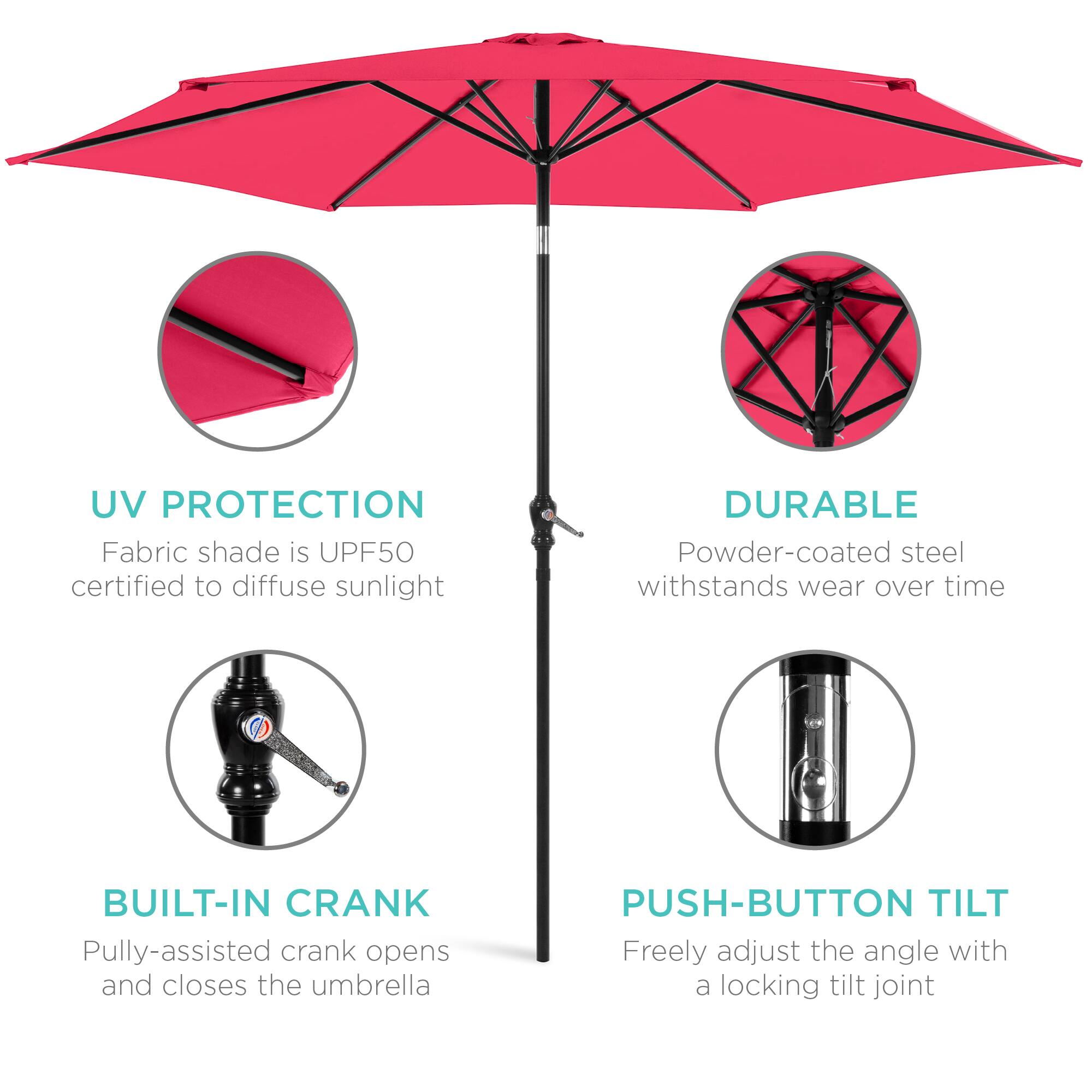 UV Protection: Fabric shade is UPF50 certified to diffuse sunlight.  
Durable: Powder-coated steel withstands wear over time.  
Built-in Crank: Pulley-assisted crank opens and closes the umbrella.  
Push-button Tilt: Freely adjust the angle with a locking tilt joint.