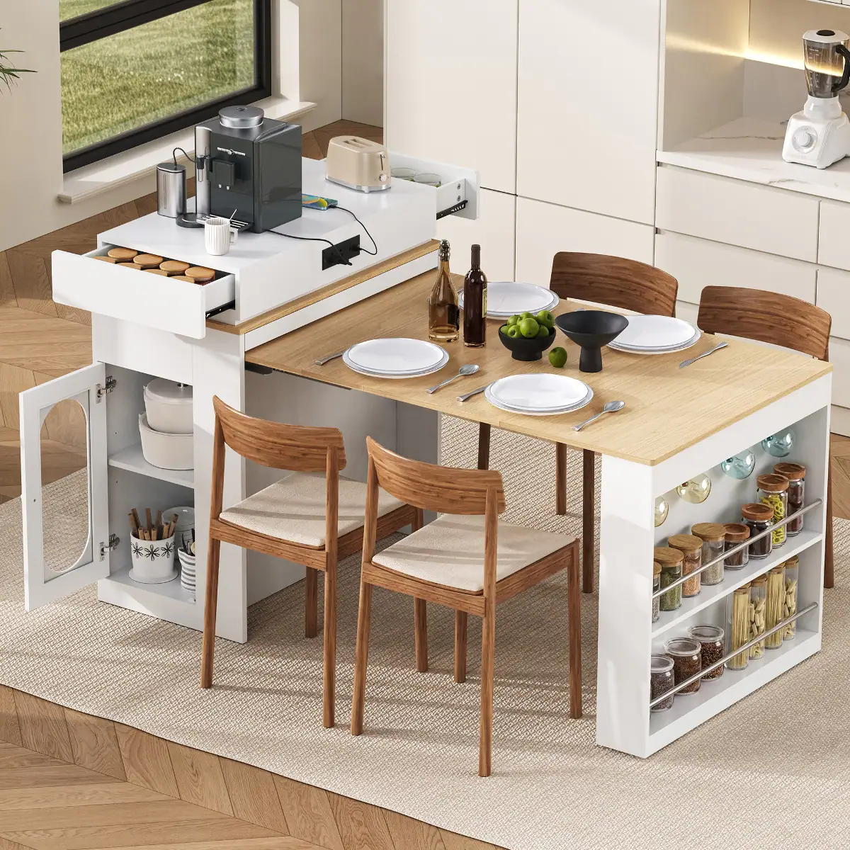 Loheer Extendable Dining Table with Folding Tabletop, Drawers and Power ...