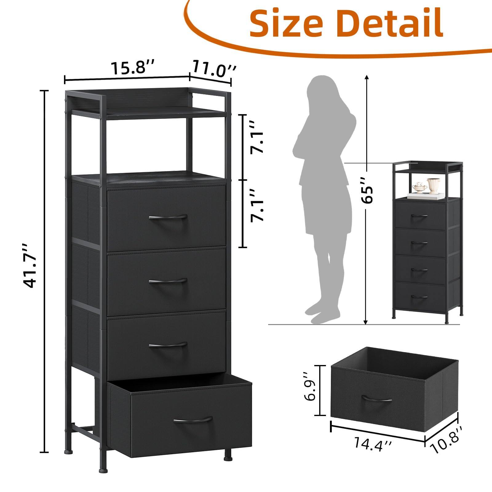 Sure, here is the corrected and grouped text from the image:

- **Size Detail**
  - 15.8" (Width)
  - 11.0" (Depth)
  - 41.7" (Height)
  - 7.1" (Shelf Height)
  - 7.1" (Shelf Height)
  - 65" (Height)
  - 6.9" (Drawer Height)
  - 14.4" (Width)
  - 10.8" (Depth)