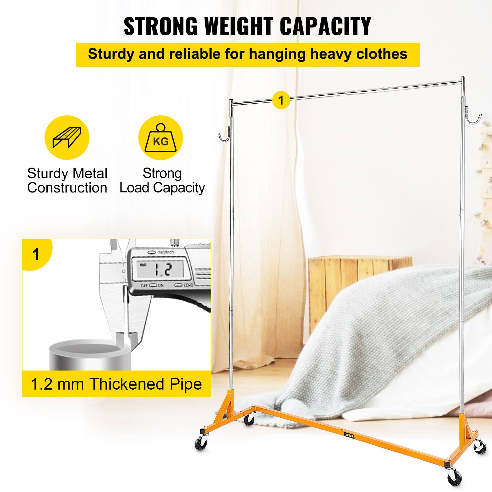 STRONG WEIGHT CAPACITY, Sturdy and reliable for hanging heavy clothes, 1 KG, Sturdy Metal Construction, Load Capacity, 1.2 mm Thickened Pipe