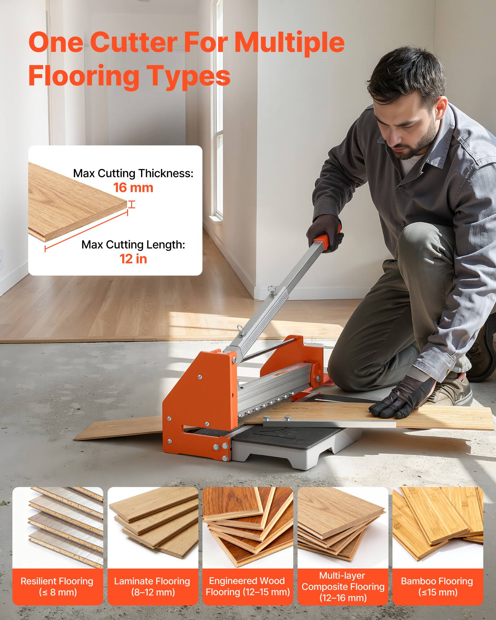 One Cutter For Multiple Flooring Types

Max Cutting Thickness: 16 mm  
Max Cutting Length: 12 in

Resilient Flooring (≤ 8 mm)  
Laminate Flooring (8-12 mm)  
Engineered Wood Flooring (12-15 mm)  
Multi-layer Composite Flooring (12-16 mm)  
Bamboo Flooring (≤15 mm)