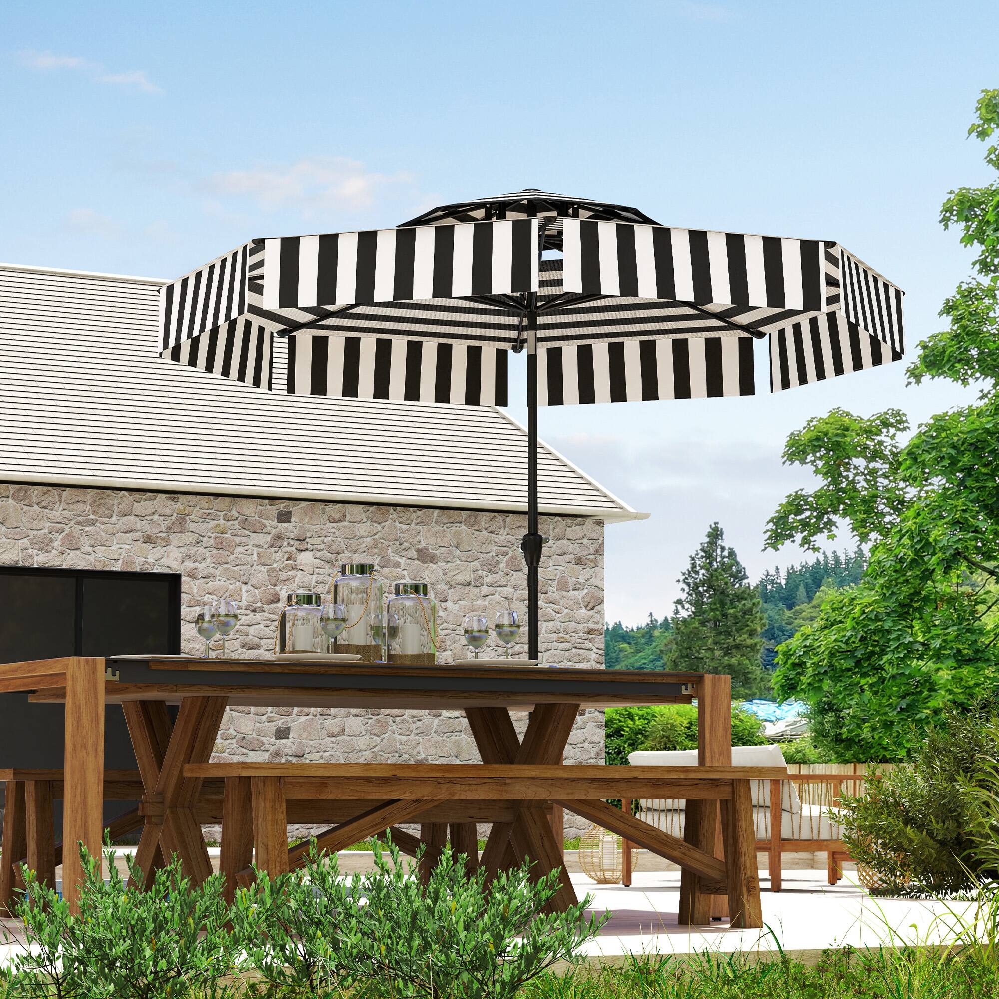 Angle. Outsunny - 8.6FT Patio Umbrella, UPF 30+ Outdoor Market Umbrella, 2-Tier Vented Patio Table Umbrella with Crank 8 Ribs - Black.