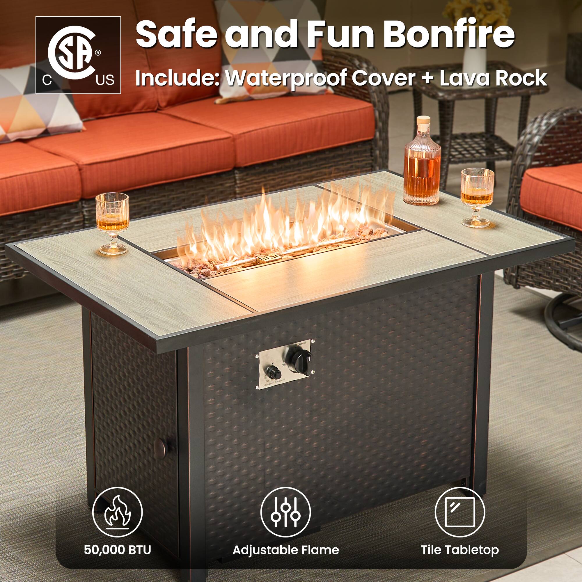 Safe and Fun Bonfire  
Include: Waterproof Cover + Lava Rock  

50,000 BTU  
Adjustable Flame  
Tile Tabletop
