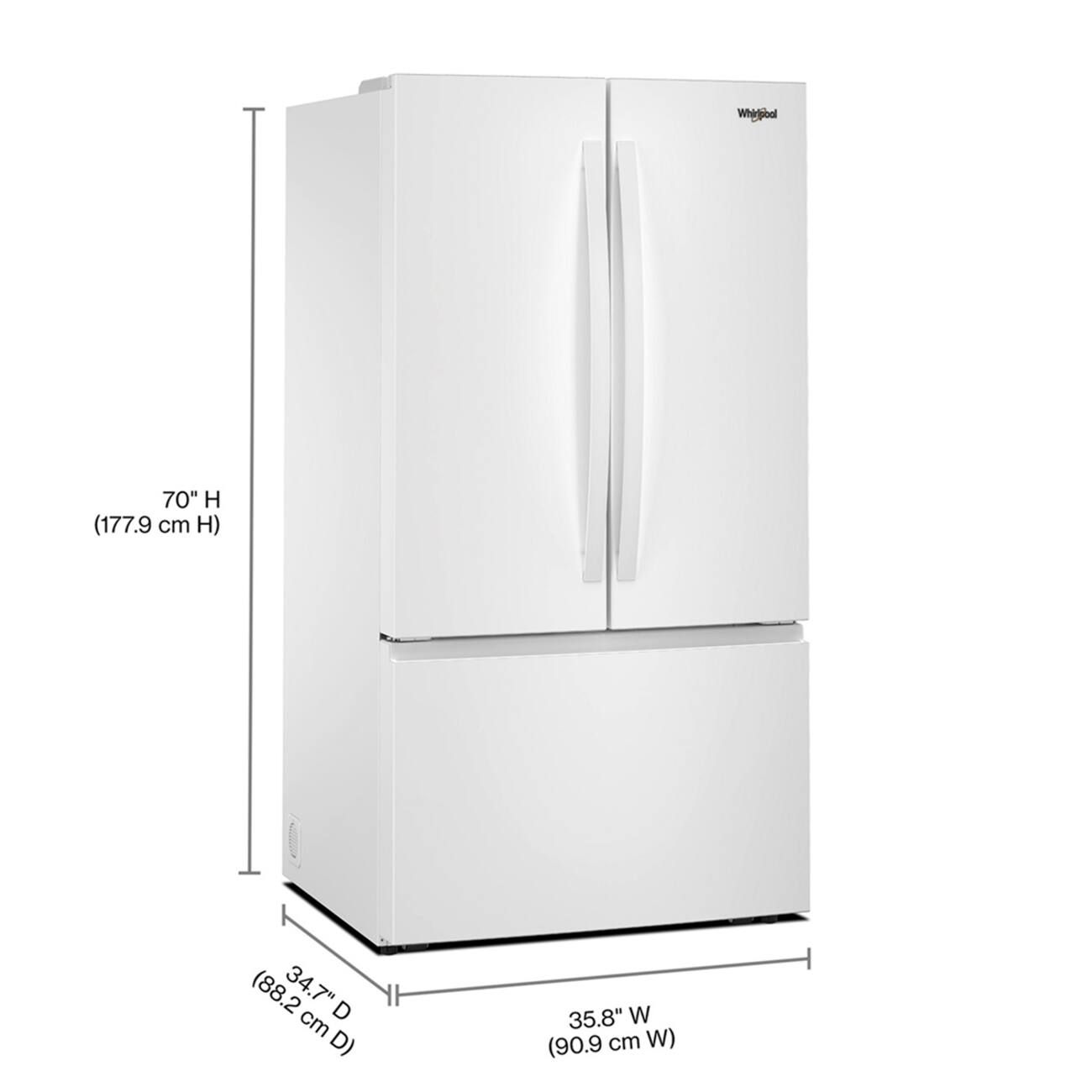 Whirlpool 70" H (177.9 cm H) 34.7" D (88.2 cm D) 35.8" W (90.9 cm W)