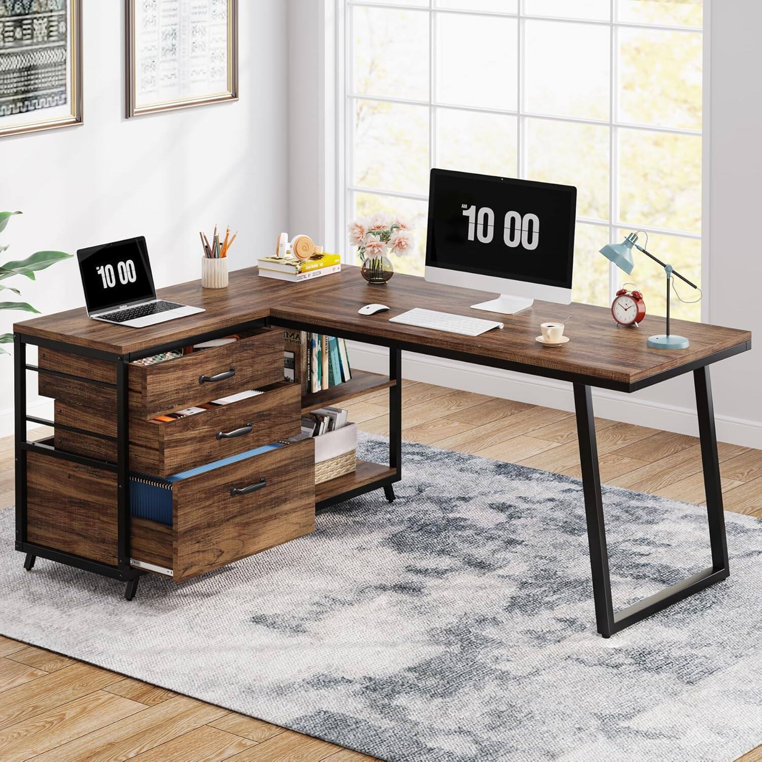 Alt View 2. TinyHomie - 53INCH Reversible LShaped Computer Desk 3 Drawers Storage Shelves Industrial Corner Home Office Desk Rustic Brown - Brown.