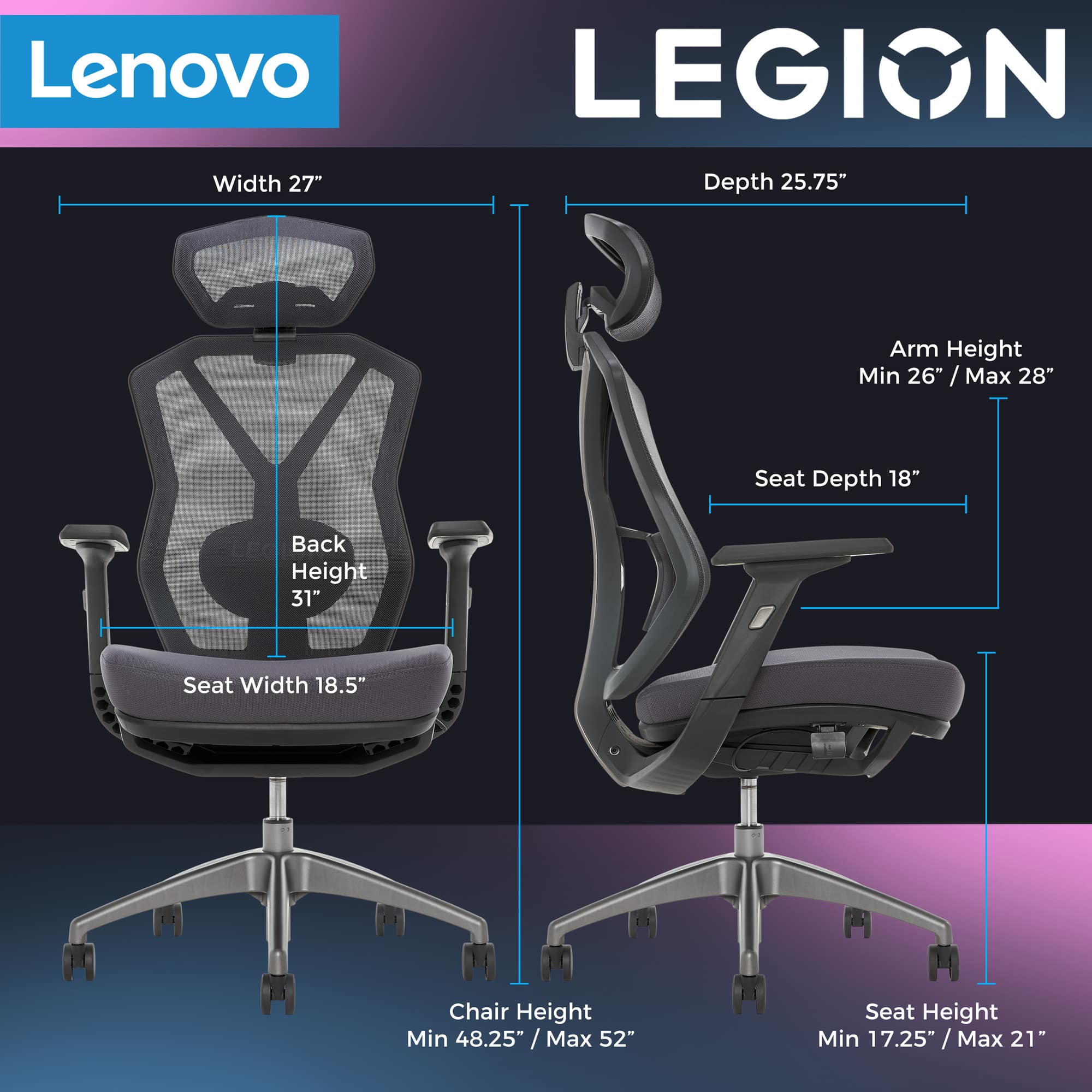 Angle. Lenovo - Legion Mesh Gaming Chair - Space Gray.