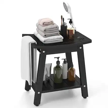 Front. Gymax - Gymax Shower Bench Seat HIPS Shower Stool w/Handle Shower Head & Soap Holder Black - Black.