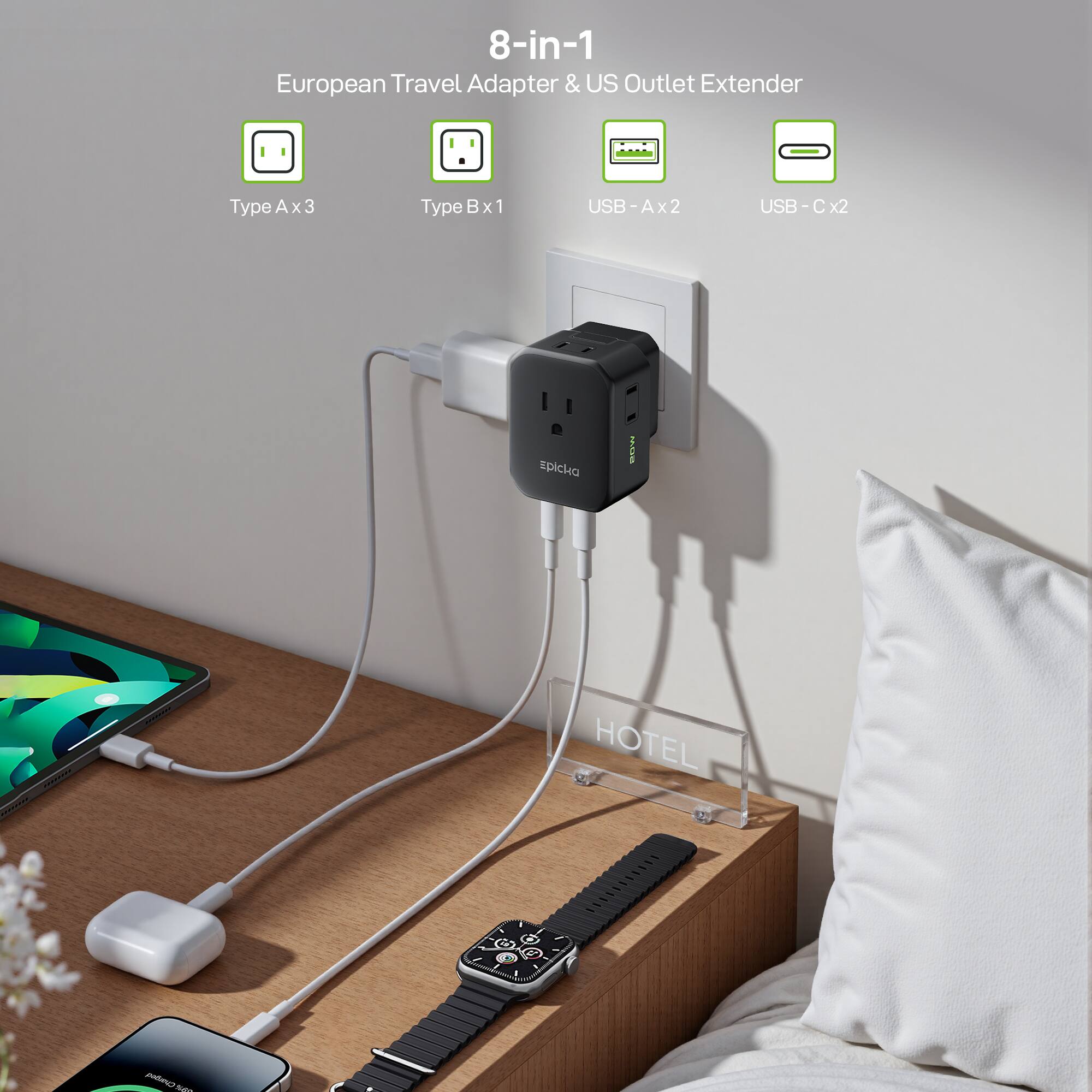 8-in-1 European Travel Adapter & US Outlet Extender

- Type A x 3
- Type B x 1
- USB-A x 2
- USB-C x 2