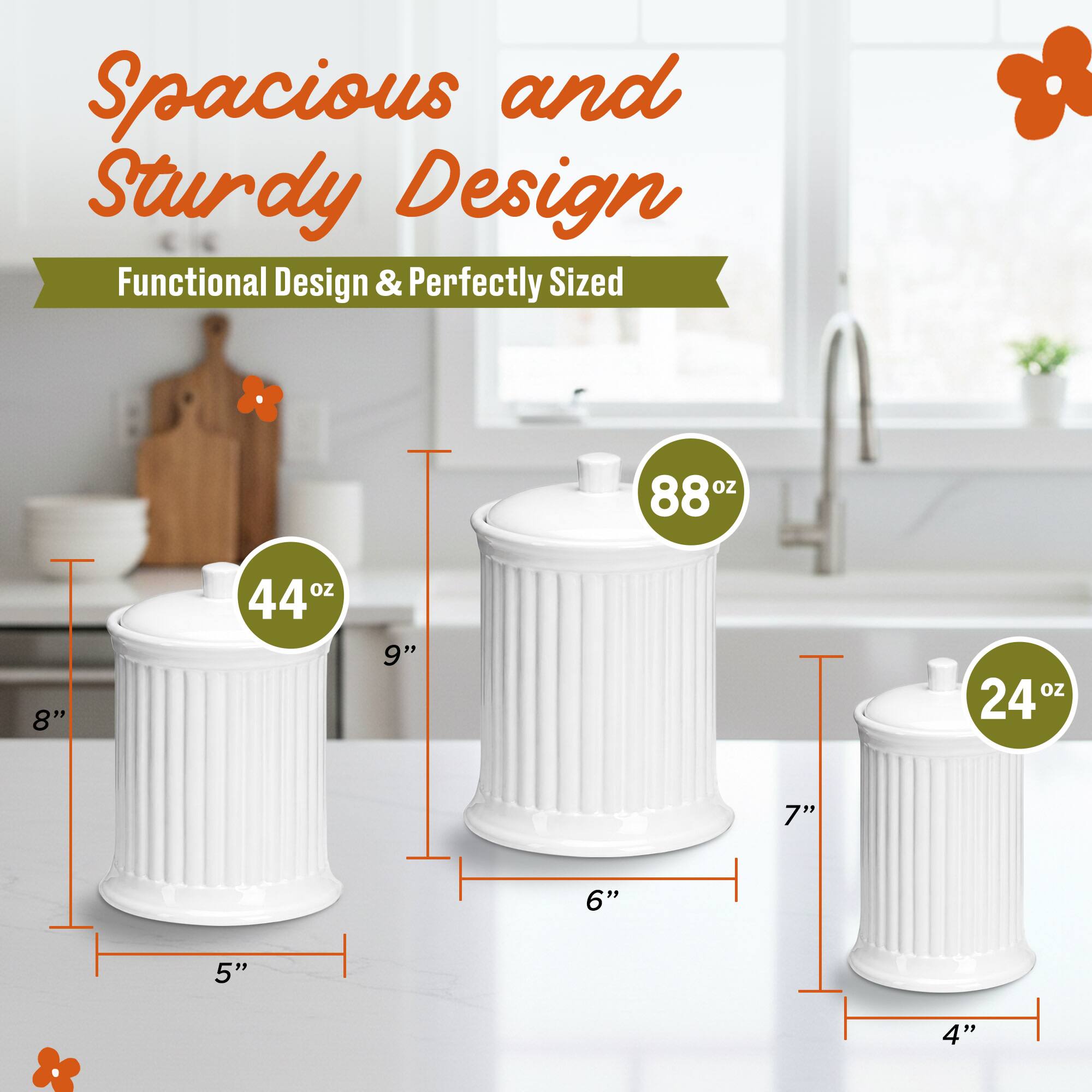 Spacious and Sturdy Design  
Functional Design & Perfectly Sized  

88 oz  
8" x 5"  

44 oz  
9" x 6"  

24 oz  
7" x 4"