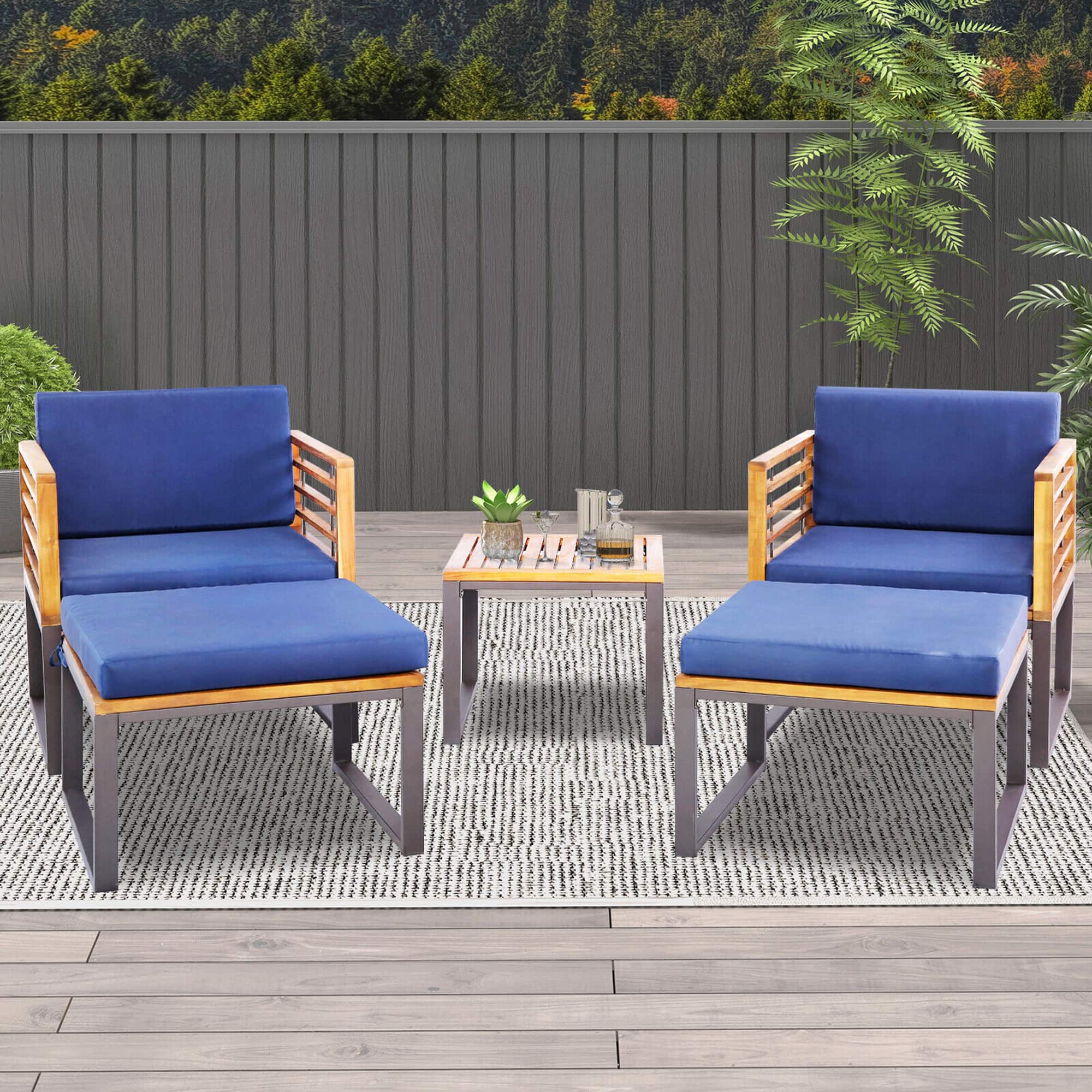 Gymax - 5PCS Patio Acacia Wood Chair & Ottoman Set Outdoor Furniture Set w/ Cushions - Navy price history on PriceWatchPro