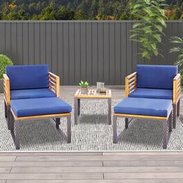 Gymax - 5PCS Patio Acacia Wood Chair & Ottoman Set Outdoor Furniture Set w/ Cushions - Navy