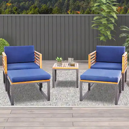 Front. Gymax - Gymax 5PCS Patio Acacia Wood Chair & Ottoman Set Outdoor Furniture Set w/ Navy Cushions - Navy.