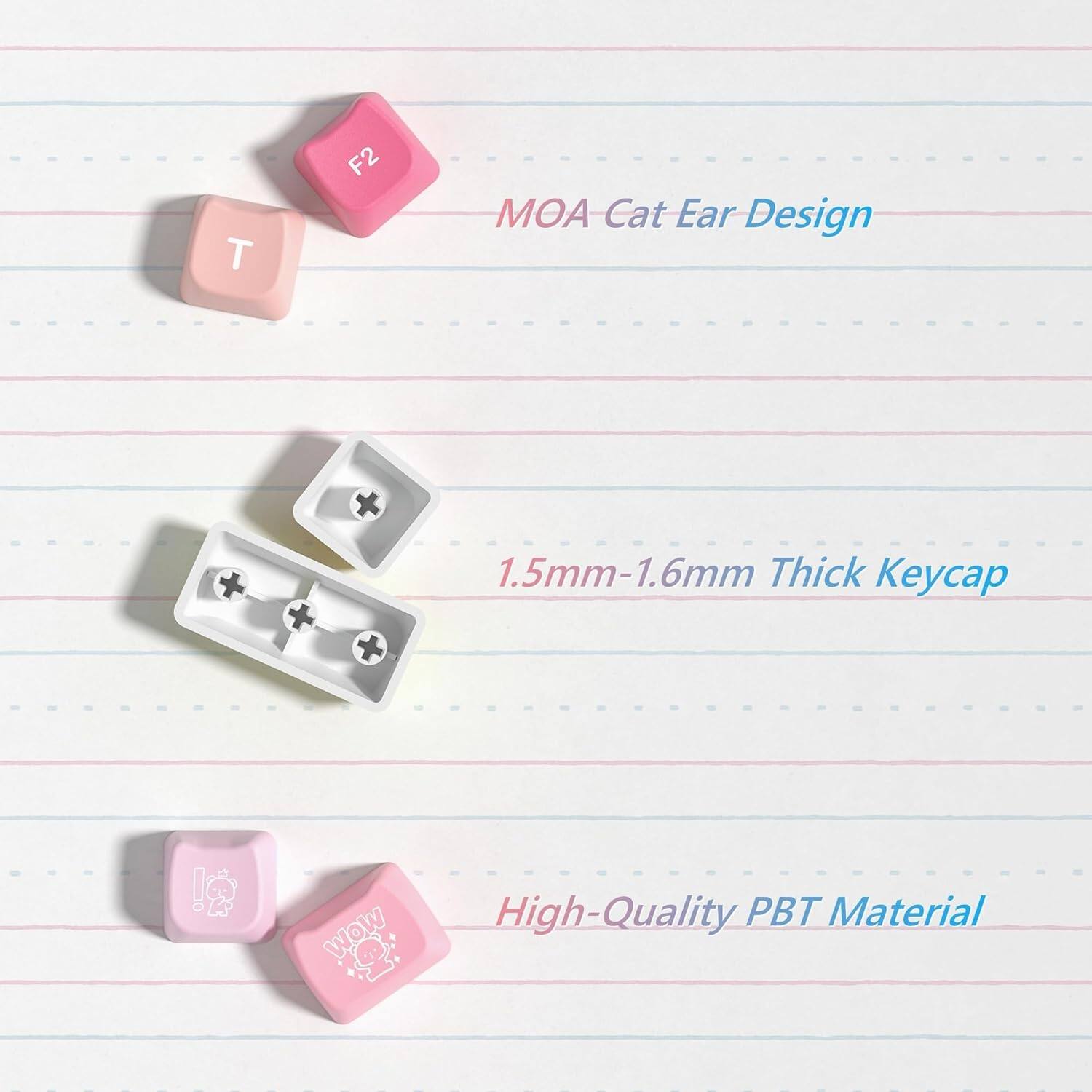 MOA Cat Ear Design  
1.5mm-1.6mm Thick Keycap  
High-Quality PBT Material