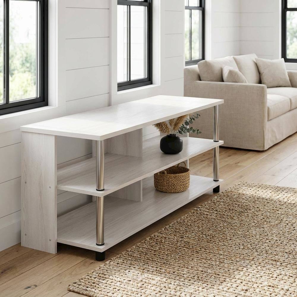 Alt View 1. FurniFact - White Oak TV Stand, 3-Tier Design, Stainless Steel Tubes, up to 48 inches - White.