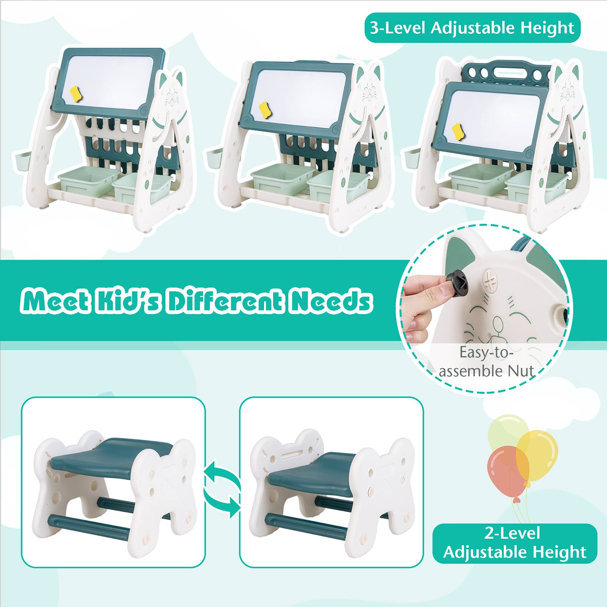 The text on the image is grouped as follows:

1. "Meet Kid's Different Needs"
2. "3-Level Adjustable Height"
3. "Easy-to-Assemble Nut"
4. "2-Level Adjustable Height"