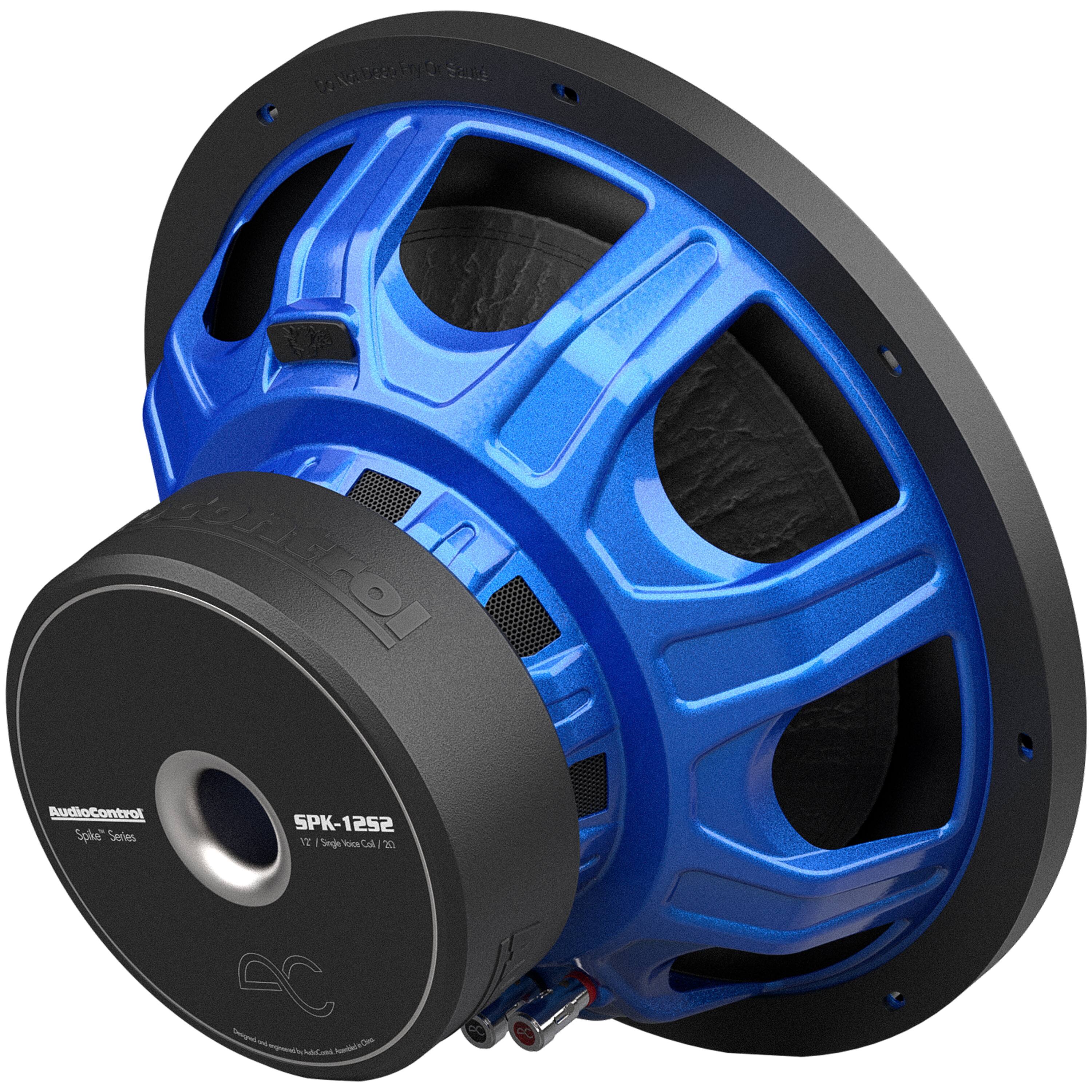 The image features a blue and black speaker, specifically a SPK-1252 speaker from the AudioControl brand. The speaker is designed for use in a car and is part of the company's "Spark" series. The speaker is mounted on a black base, and it is ready to be installed in a vehicle.
