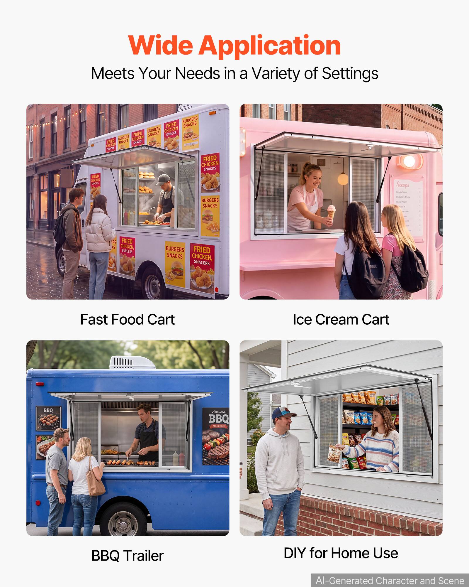 Wide Application Meets Your Needs in a Variety of Settings

Fast Food Cart
Ice Cream Cart
BBQ Trailer
DIY for Home Use

AI-Generated Character and Scene