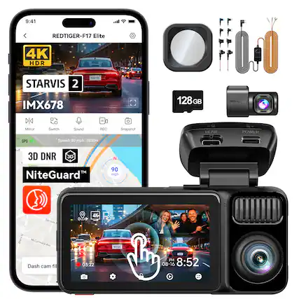 9:41 REDTIGER-F17 Elite 4K HDR STARVIS 2 IMX678 2R1F172 128G GB REDTIGER DK " Mirror Switch Sound REC Snapshot GPS Speed: 90 mph 7832m vvd 3D DNR 3D N NiteGuard 90 TM mph REAR POWER Na Sproule 4K St Ahern McCormack Ave Dash cam fil 03:22 PM 08-16 8:52