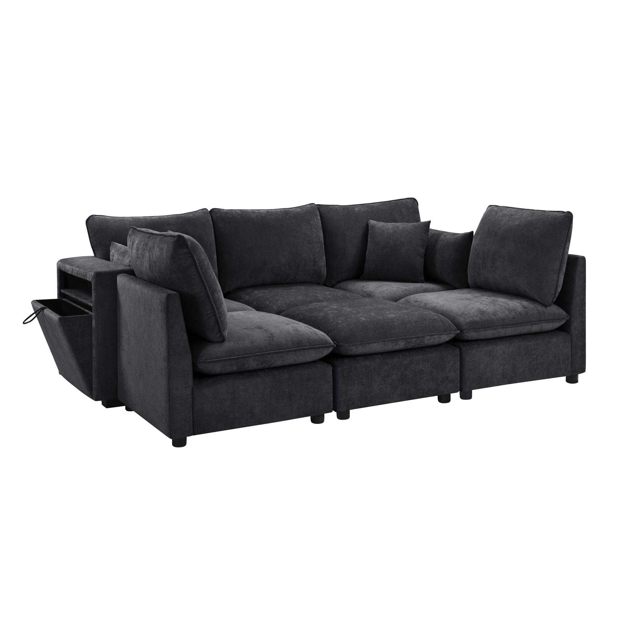 Left. Whisen - Modular Sectional Sofa U-Shaped Couch with Ottoman, Storage Armrests and USB Ports - Black.