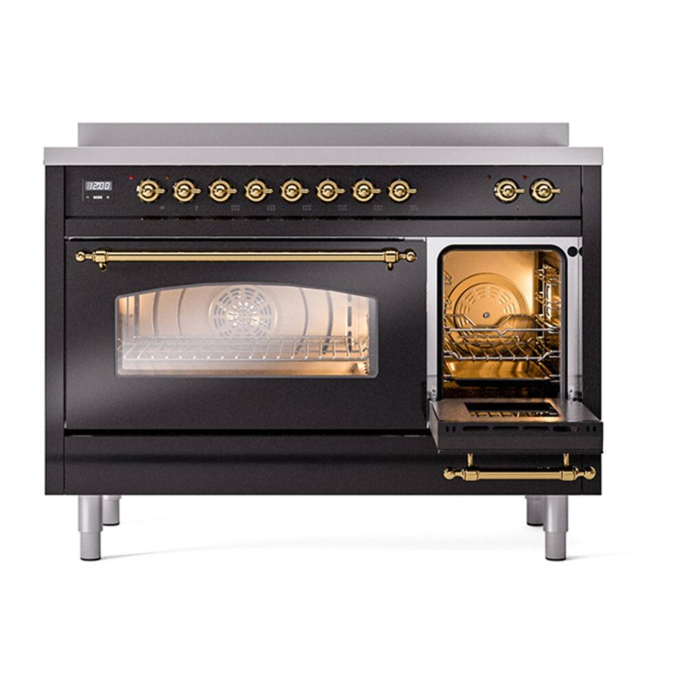 Alt View 4. ILVE - ILVE Nostalgie II 48 inch Induction Range with 6 Elements  (Triple Glass Door, Glossy Black, Brass) - Glossy Black.