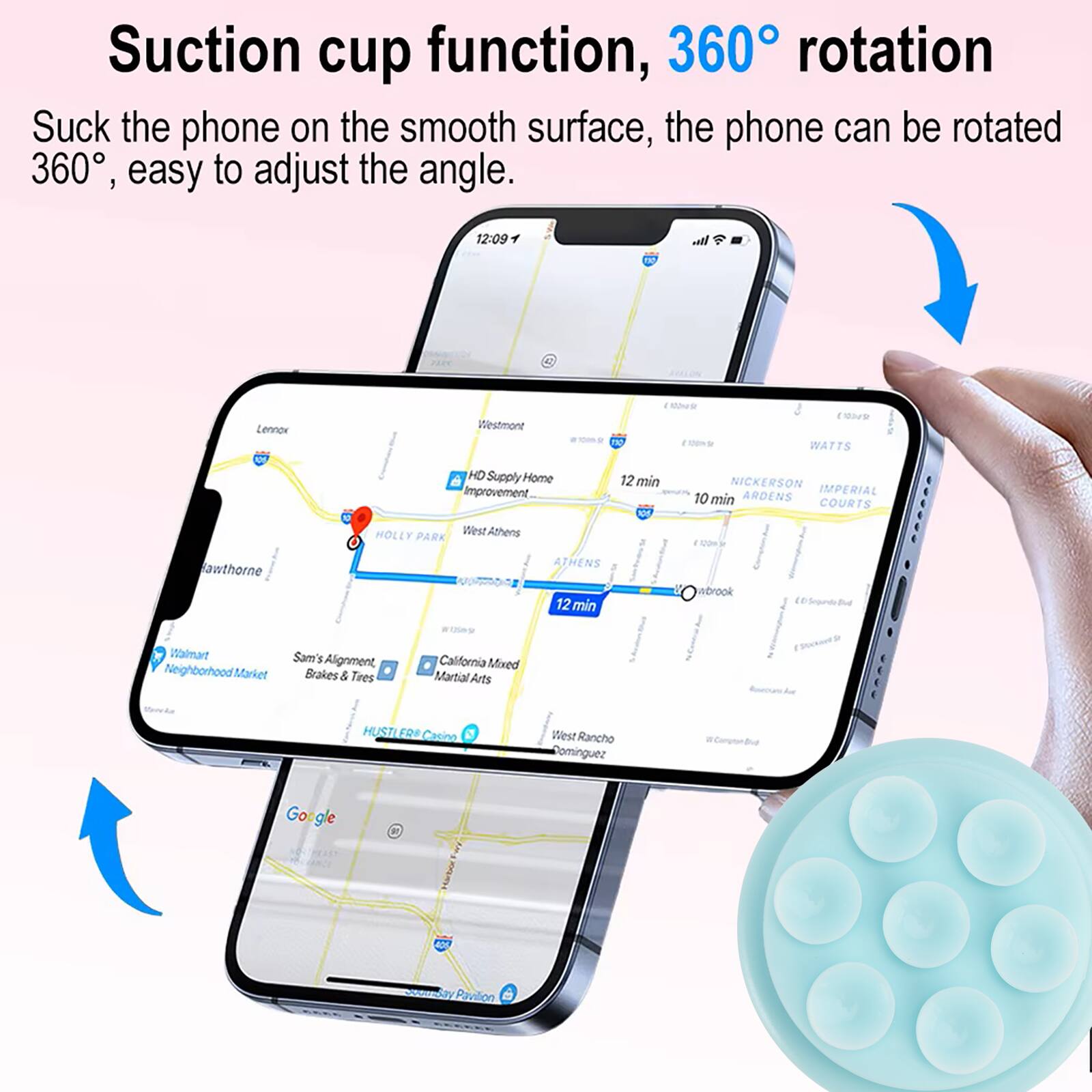 Suction cup function, 360° rotation  
Suck the phone on the smooth surface, the phone can be rotated 360°, easy to adjust the angle.