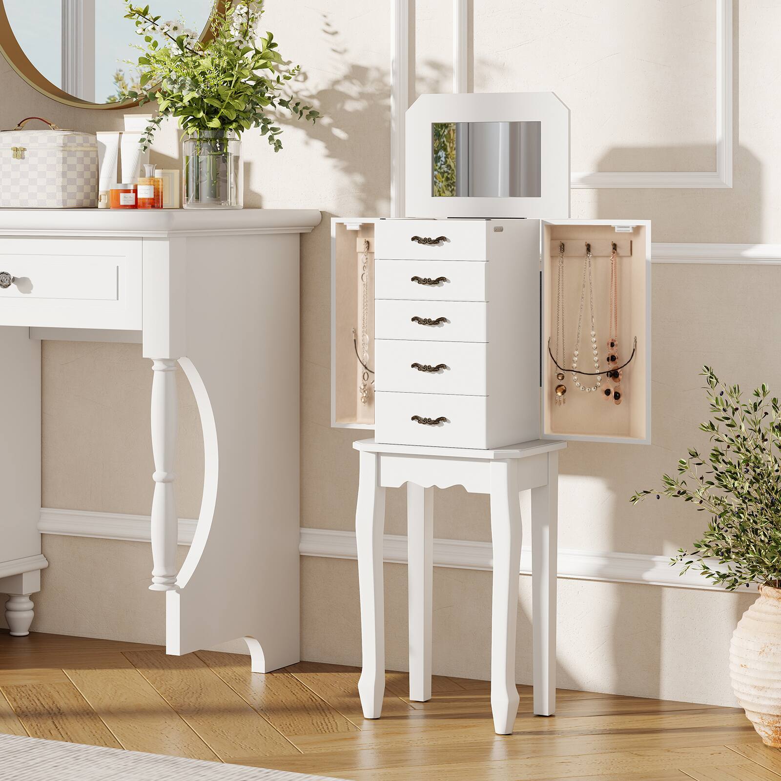 Alt View 3. Gymax - Gymax Jewelry Wood Cabinet Armoire Storage Box Chest St& Organizer Christmas Gift White - White.