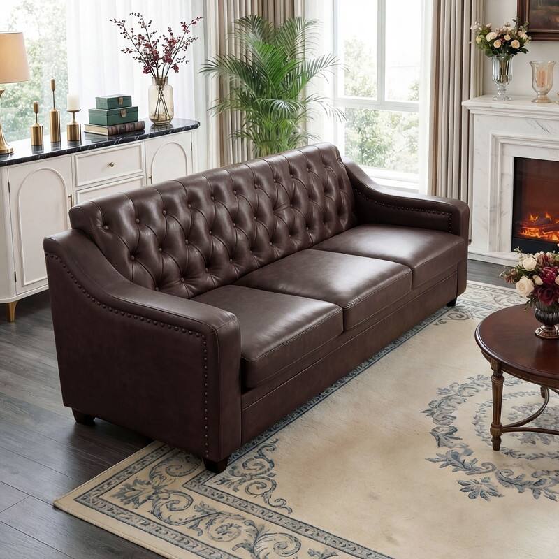 Left. Dyonery - Dyonery 78.7" PU Leather Couch, Sofa with Deep Seat, Handmade Button Tufted 3 Seater Sofa, Modern Leather Sofa - Black.