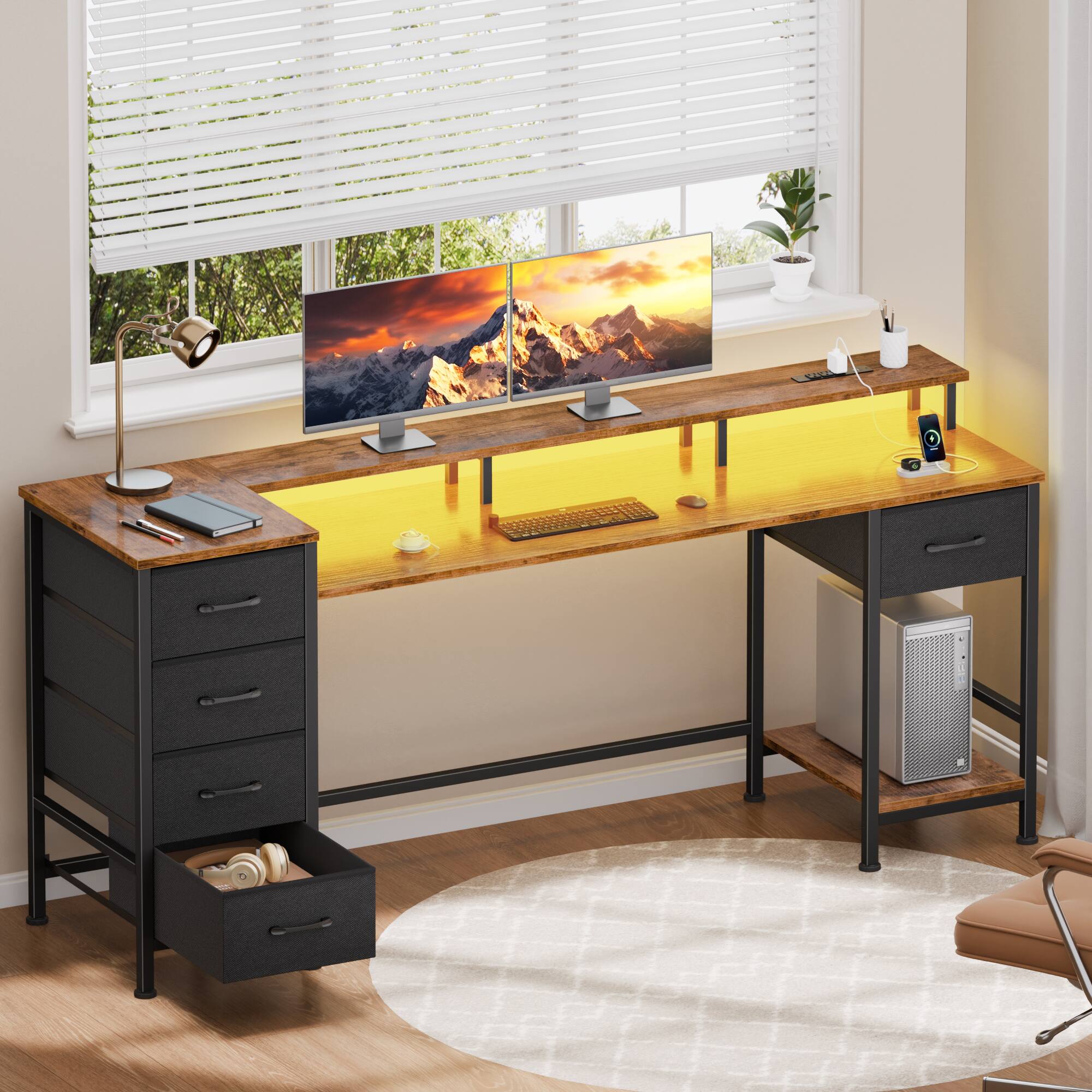 Front. Furologee - Computer Desk with Monitor Stand & Charging Station  Gaming Desk with LED Lights & Drawers - Brown.