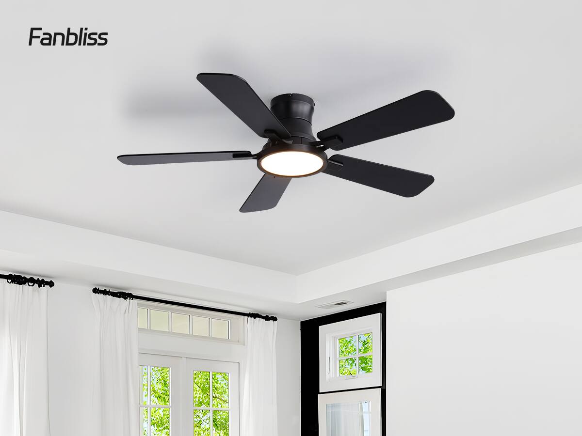 Front. Siljoy - 44 Inch BLack Flush Mount Ceiling Fan with LED Light Dual Blades Change(5 Blades)For Indoor - Black.