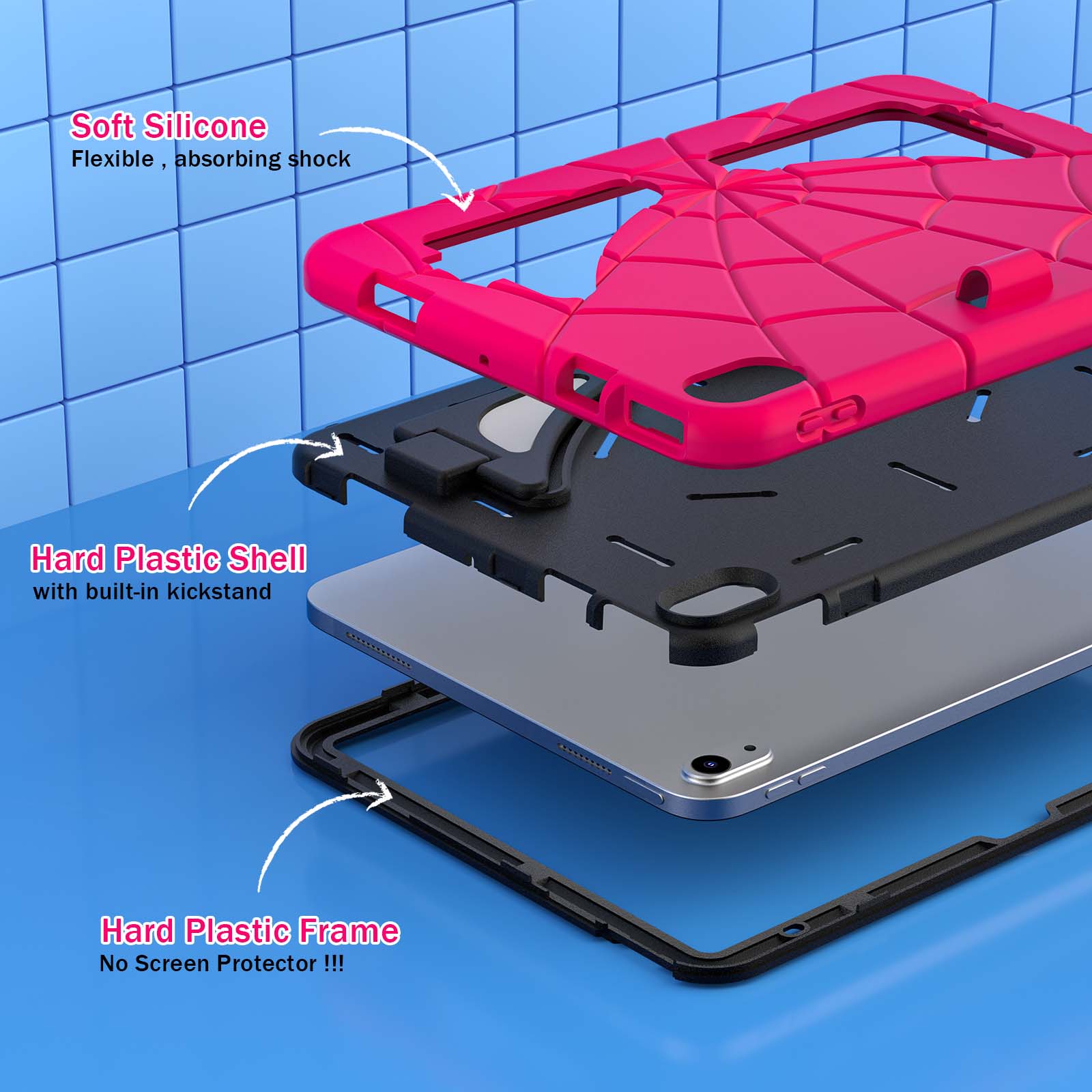 Soft Silicone Flexible, absorbing shock  
Hard Plastic Shell with built-in kickstand  
Hard Plastic Frame No Screen Protector!!!