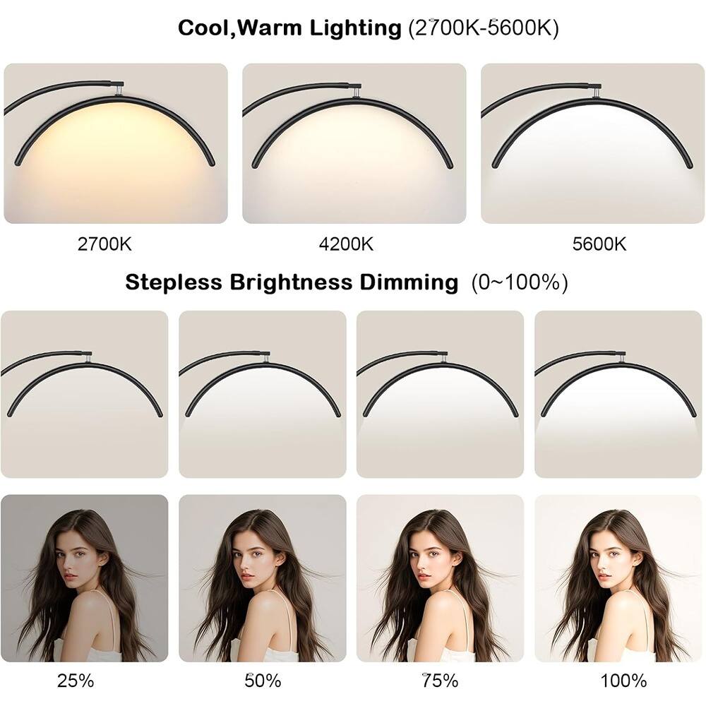 Cool, Warm Lighting (2700K-5600K)  
2700K 4200K 5600K  

Stepless Brightness Dimming (0~100%)  
25% 50% 75% 100%