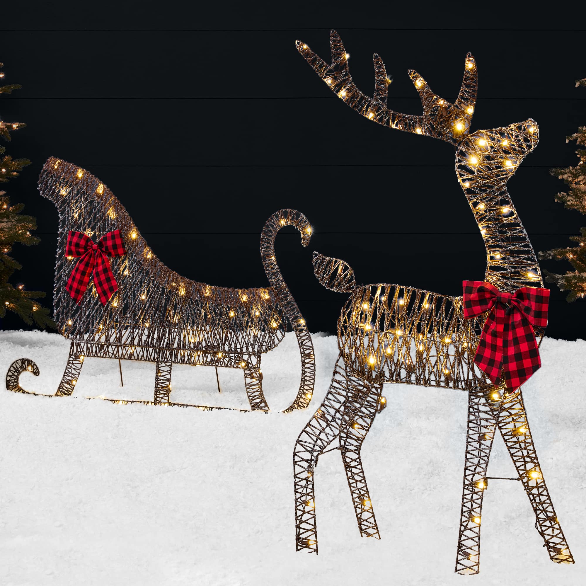 Front. Best Choice Products - Best Choice Products 4ft Lighted 2D Christmas Reindeer & Sleigh Set Outdoor Decor w/ 140 Warm White LED Lights - Rattan - Rattan.
