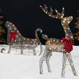 Best Choice Products - 4ft Lighted 2D Christmas Reindeer & Sleigh Set Outdoor Decor w/ 140 Warm White LED Lights - Rattan