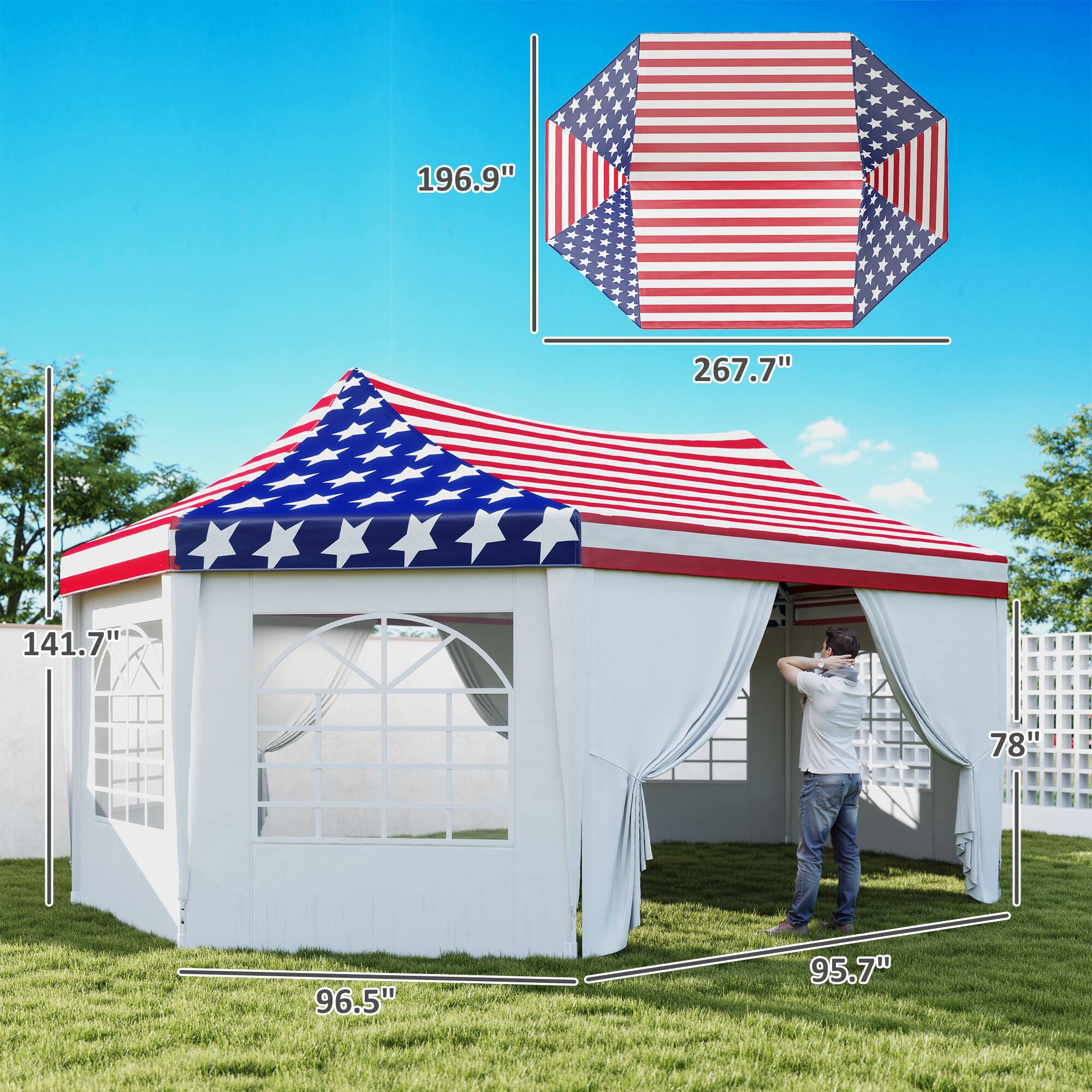 The text on the image is grouped as follows:

- 196.9" (Height of the tent)
- 267.7" (Width of the tent)
- 141.7" (Length of the tent)
- 78" (Height of the tent pole)
- 96.5" (Width of the tent pole)
- 95.7" (Length of the tent pole)